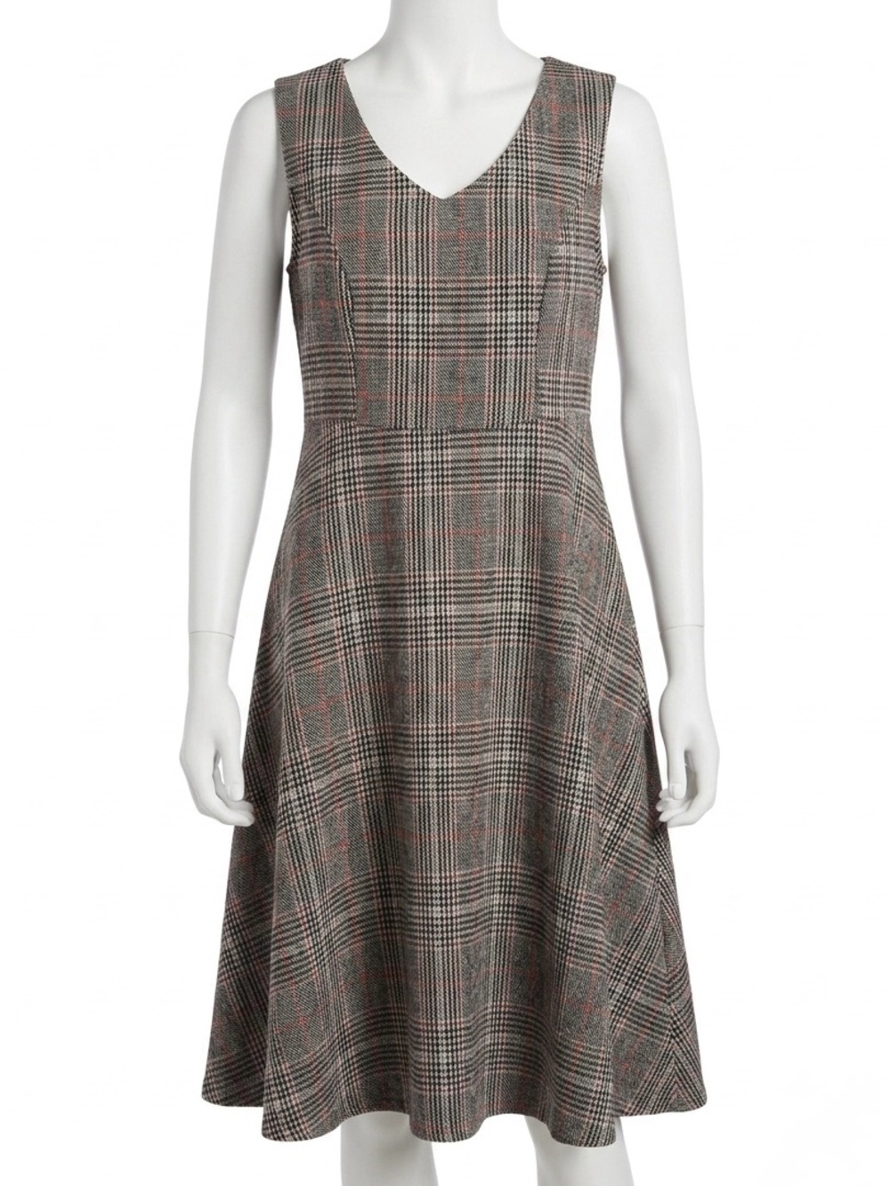 Glen Plaid V-Neck Sleeveless Pinafore Midi Dress Grey Orange M⁠ Fall Layering